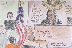 [ai] A courtroom scene with a judge sitting at the bench and an American flag in the background. Two individuals are seated at a table, discussing issues of statelessness. Text notes mention topics like genocide and refugee status.